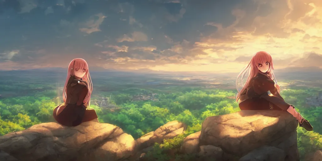 Image similar to isekai masterpiece anime girl sitting on a rock off to the side looking down upon swedish town, during dawn, cinematic, very warm colors, intense shadows, anime illustration, anime screenshot composite background