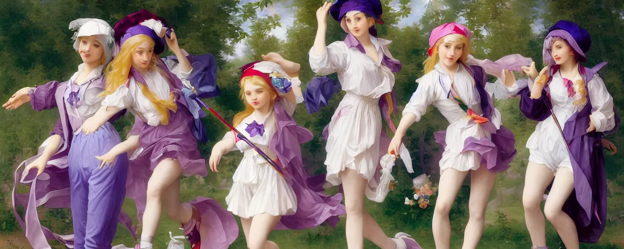 Prompt: A character sheet of full body cute magical girls with short blond hair wearing an oversized purple Beret, Purple overall shorts, Short Puffy pants made of silk, pointy jester shoes, a big billowy scarf, and white leggings. Rainbow accessories all over. Flowing fabric. Covered in stars. Short Hair. Art by Johannes Helgeson and william-adolphe bouguereau and Paul Delaroche and Alexandre Cabanel and Lawrence Alma-Tadema and WLOP and Artgerm. Fashion Photography. Decora Fashion. harajuku street fashion. Kawaii Design. Intricate, elegant, Highly Detailed. Smooth, Sharp Focus, Illustration Photo real. realistic. Hyper Realistic. Sunlit. Moonlight. Dreamlike. Fantasy Concept Art. Surrounded by clouds. 4K. UHD. Denoise.