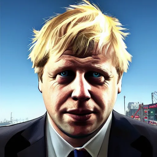 Prompt: Boris Johnson in GTA 5, cover art by Stephen Bliss, boxart, loading screen