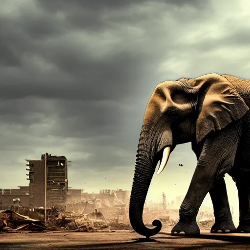 Image similar to elephant in a post apocalyptic city where the sky is green