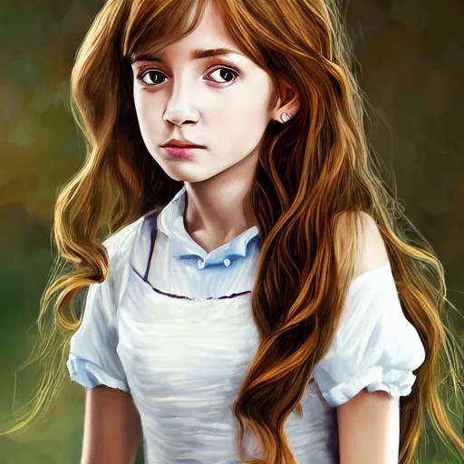 Image similar to Hermione Granger as a young girl in white dress art drawn in art style of WLOP full HD 4K highest quality realistic beautiful gorgeous natural WLOP artist painting