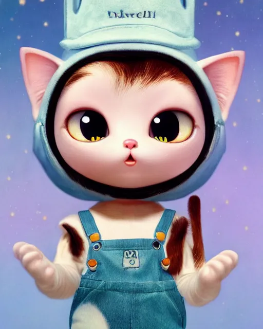 Image similar to very beautiful portrait of an extremely cute and adorable cat wearing overalls, smooth, perfect face, fantasy, character design by mark ryden and pixar and hayao miyazaki, sharp focus, concept art, intricate detail, cinematic lighting, hyperrealistic, 5 0 mm, diorama macro photography, 8 k, nature