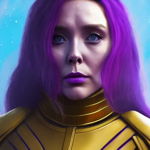 Image similar to Elizabeth Olsen as Thanos, Elizabeth Olsen wearing Thanos attire and makeup, trending on artstation, 4k, 8k.