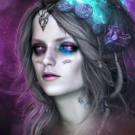 Image similar to photorealistic gothic lunar goddess. hyperdetailed photorealism, 1 0 8 megapixels, amazing depth, glowing rich colors, powerful imagery, psychedelic overtones, 3 d finalrender, 3 d shading, cinematic lighting, artstation concept art