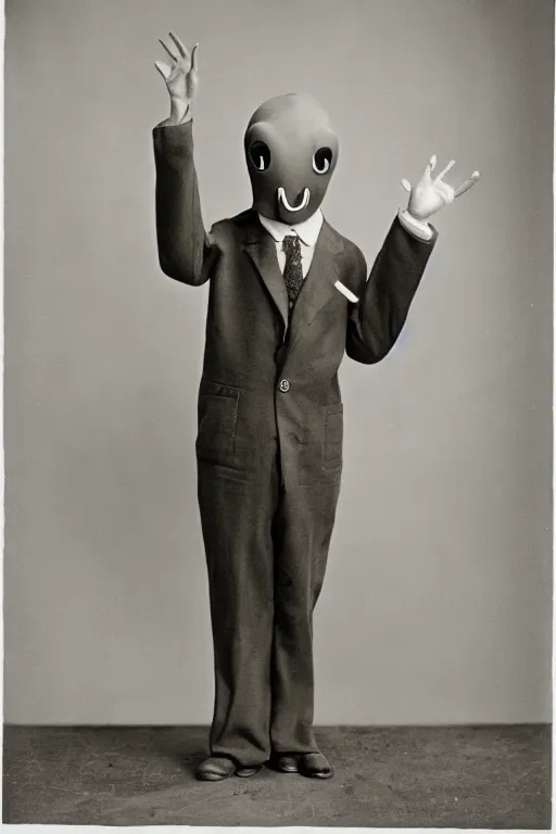 Prompt: anthropomorphic octopus ,with human hands, wearing a suit, vintage photograph, sepia