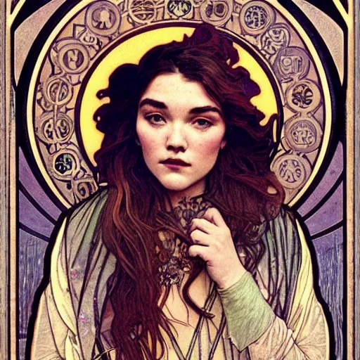 Image similar to florence pugh portrait by louis - theophile hingre and alphonse mucha, realistic, sharp focus, zodiac signs, tarot cards, planets, ethereal, art nouveau, magic, moon, sun, crown, dreamy, royal, jewellery