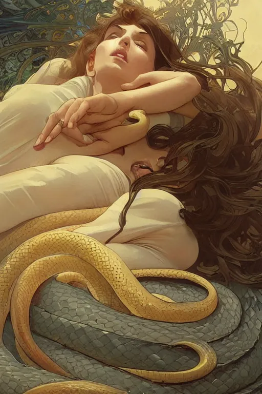 Prompt: beautiful woman lying among snakes, elegant, highly detailed, digital painting, artstation, concept art, smooth, sharp focus, illustration, art by artgerm and greg rutkowski and alphonse mucha