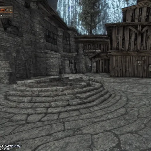 Image similar to berghain in the middle of whiterun, 3 dgc, wide shot, skyrim, oblivion, pc game, gameplay screenshot