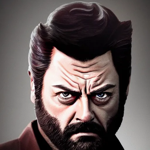 Prompt: logan wolverine pictured as nick offerman, photorealistic marvel movie still, imdb, detailed, 8 k, poster photosession style, deviantart and artstation top picks