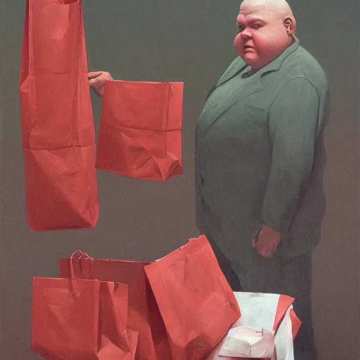 Image similar to melting old fat man portrait with a white paper bag over the head, dressed in red paper bags, holding stack of green paper bags, highly detailed, artstation, art by edward hopper, zdislav beksinski, wayne barlowe, edward hopper