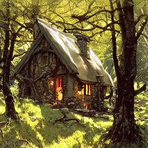 Image similar to witch cottage in the forest, art by norman rockwell and donato giancola and greg rutkowski