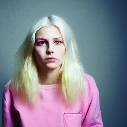 Image similar to HD portrait of a 23-year old woman with an enlightening, energetic aesthetic. wearing bright pastel colors. blond hair in a counter-culture style. A modern-day thaumaturge and theurgist of the Obrimos path. Portrait photography by Annie Leibovitz.