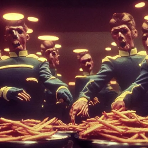 Image similar to Monsters made of French Fries fighting Star Fleet Officers in the mess, film still from the movie directed by Denis Villeneuve with art direction by Salvador Dalí,