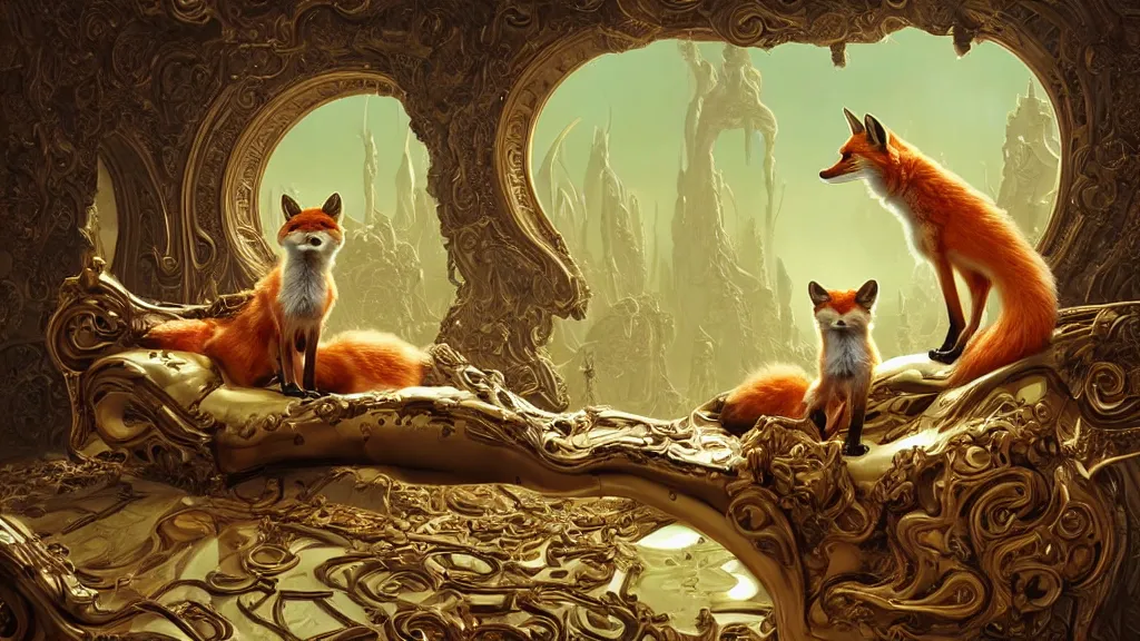 Image similar to a hyperrealistic photographical cream cyborg fox sitting on an ornate alien couch, symmetrical, intricate, detailed, volumetric lighting, sharp focus, photorealism, digital painting, highly detailed, concept art, by roger dean and beth cavener and simon stalenhag and mark brooks