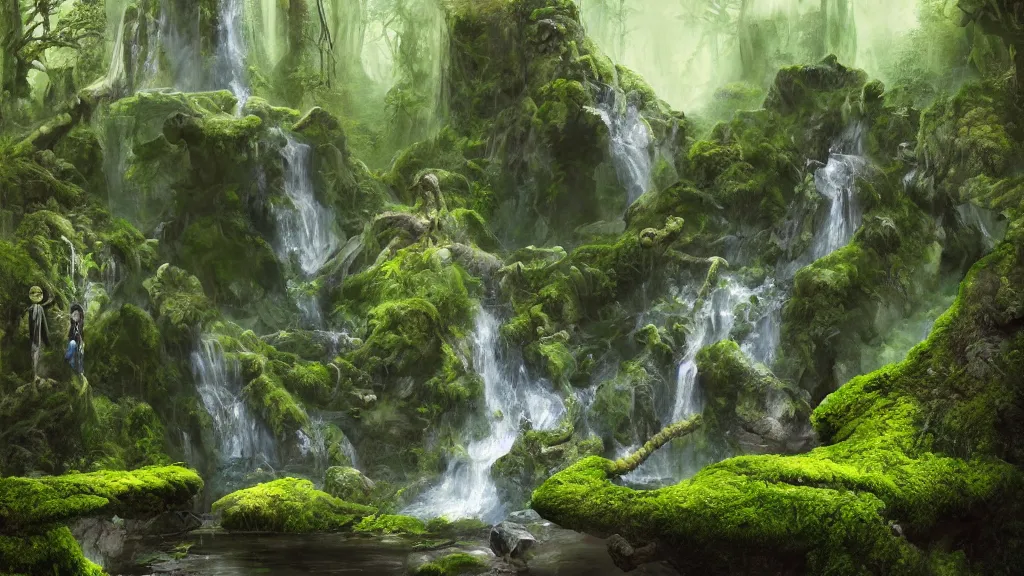 Prompt: waterfall, moss, gnarly monolith with snakes and symbols, rain, digital painting, sharp, digital art by James Zapata and Jana Schirmer and Brad Rigney and Andres Rios