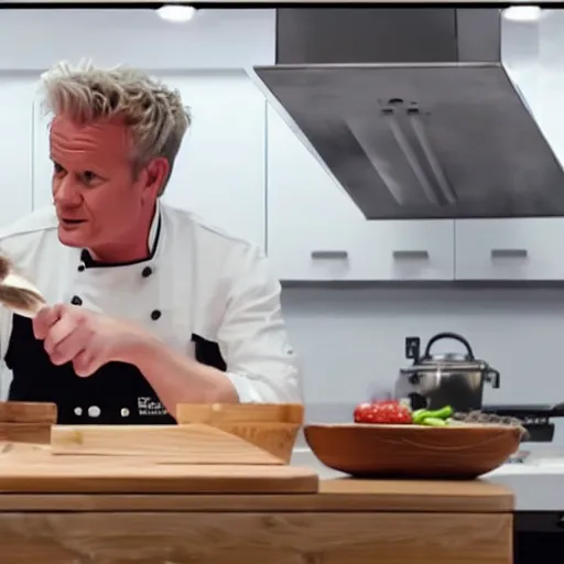 Image similar to hyper real Gordon Ramsey cooking a unicorn in kitchen 4k