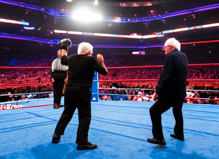 Image similar to photo still of bernie sanders in the ring at wrestlemania 3 6!!!!!!!! at age 7 8 years old 7 8 years of age!!!!!!! with a t - shirt gun, 8 k, 8 5 mm f 1. 8, studio lighting, rim light, right side key light