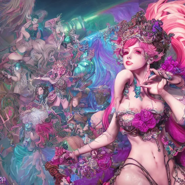 Image similar to the portrait of chaotic evil fallen sensual colorful female necromancer overlord as absurdly beautiful, gorgeous, young idol, an ultrafine hyperdetailed illustration by kim jung gi, irakli nadar, intricate linework, bright colors, octopath traveler, final fantasy, unreal engine 5 highly rendered, global illumination, radiant light, detailed and intricate environment