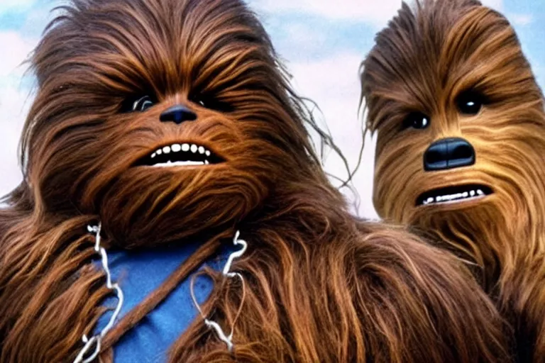 Image similar to A high quality movie still from the film Goonies, starring Chewbacca