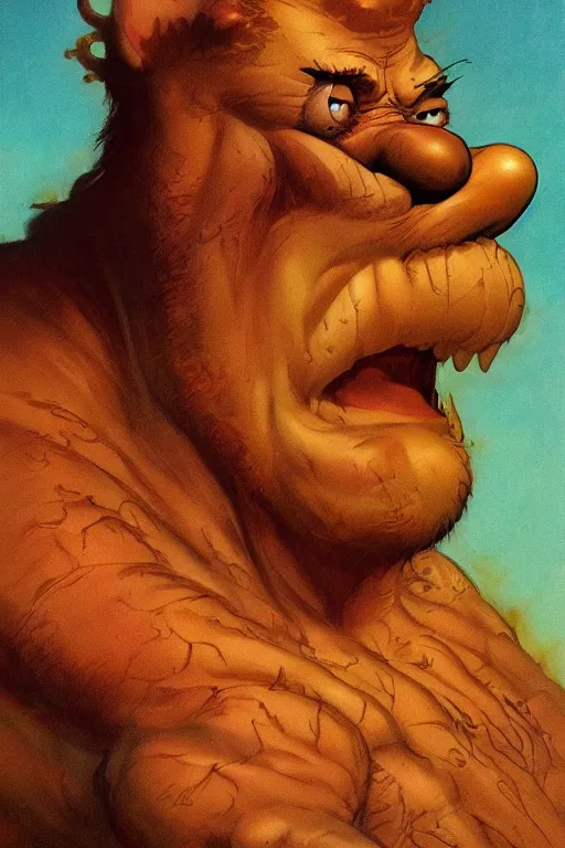 Prompt: Garfield by Frank Frazetta, Alex Ross and Richard Corben, trending on Artstation