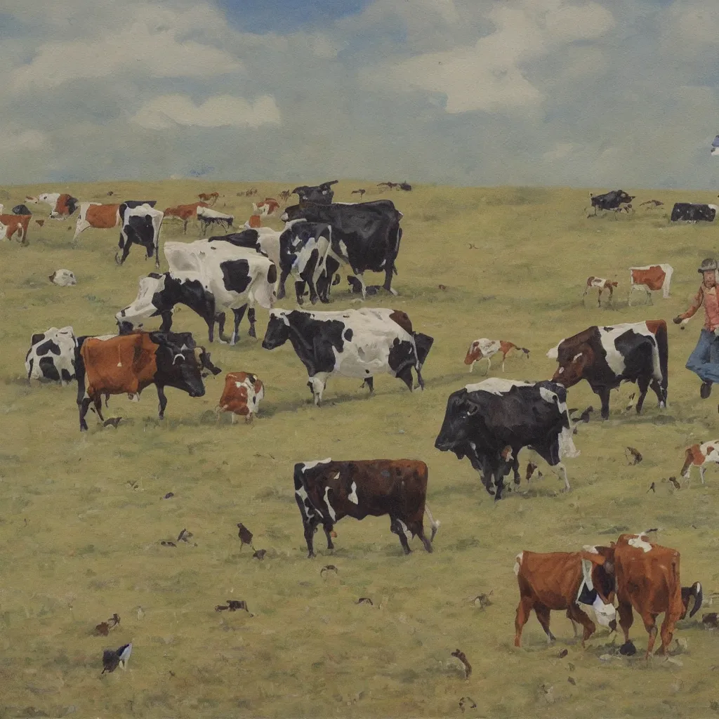 Image similar to a ufo stealing cows, painting