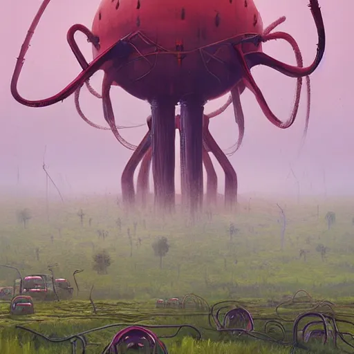 Image similar to giant eldritch horror, simon stalenhag, war of the worlds, forest