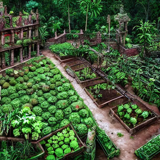 Image similar to highly detailed vegetable garden las pozas, lots of leaves, fence line, detailed. rule of thirds. intricate. sharp focus. wide angle. unreal engine 8 k. painting, wlop, cinematographer jom jarmusch, film noir.