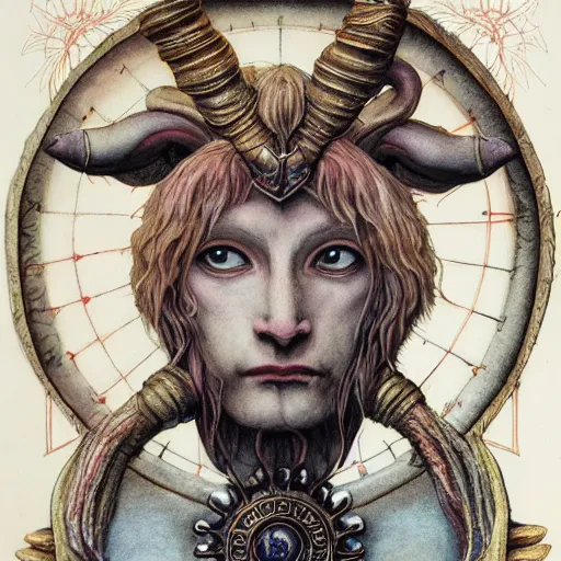 Image similar to portrait of aries zodiac artwork, mystic occult style, detailed, 8 k, symmetrical, by brian froud