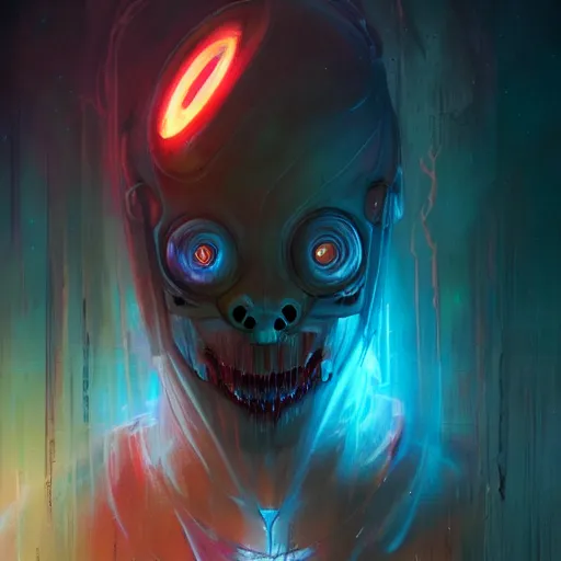 Prompt: humanoid yellow electric ghostly transparent lightning elemental wearing red and blue sci-fi goggles, haunted spaceship hallway, sci-fi artwork, horror, 8k, concept art, dramatic pose, art by artgerm and concept art by pete mohrbacher and seb mckinnon and beksinski and josan gonzales, close shot, trending on artstation, creepy atmosphere, highly detailed, intricate, digital art