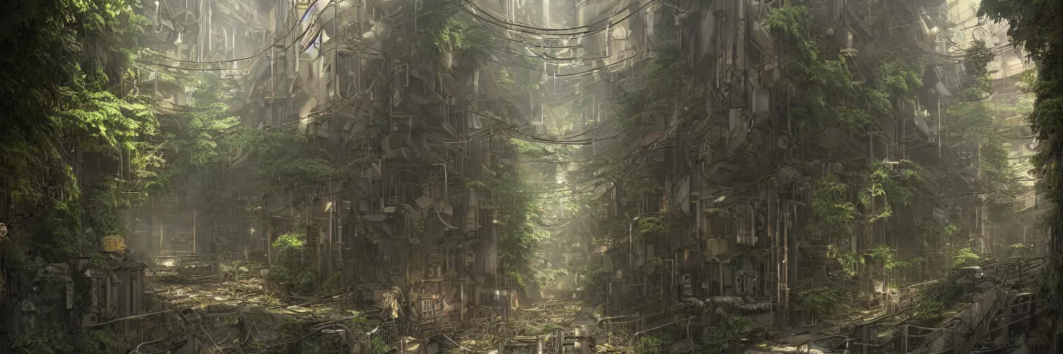 Image similar to Architectural section, dystopian, steampunk style, Miyazaki tekkonkintreet Teikoku Shounen style, amazing Traditional Japanese alley lane on full moon, machinery and wires, lush vegetation and ferns, sun rays, octane render, trending on artstation, hyper detailed, cinematic