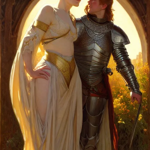 Image similar to attractive arthur pendragon and his favourite attractive knight, they are in love, camelot, natural lighting, path traced, highly detailed, high quality, digital painting, by gaston bussiere and ross tran and j. c. leyendecker and alphonse mucha