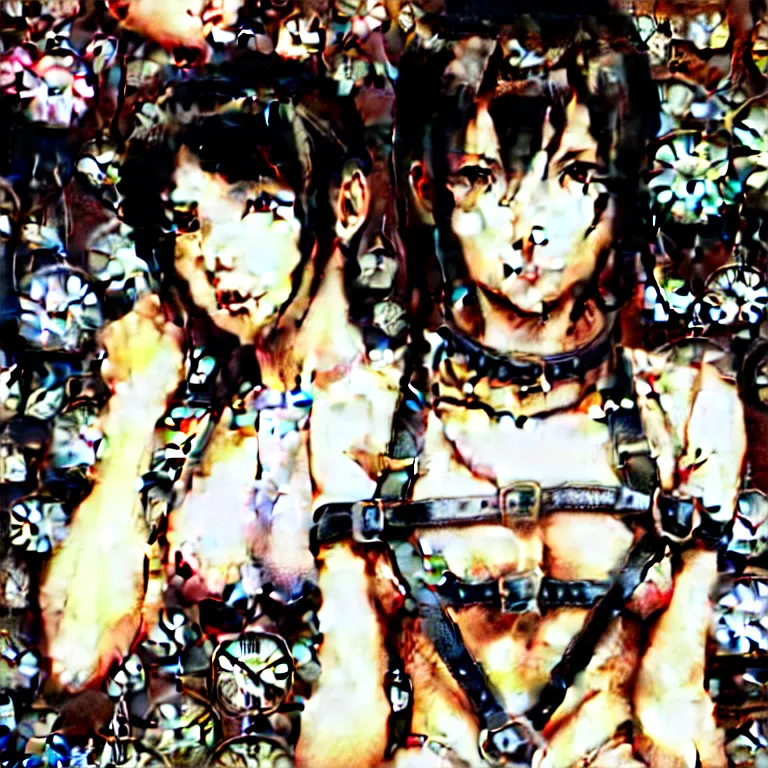 Prompt: bemused to be locked in a leather neck restraint, Tifa Lockhart in a full frame zoom up of her face and neck, looking upwards in a room of old ticking clocks, complex artistic color ink pen sketch illustration, full detail, gentle shadowing, fully immersive reflections and particle effects, concept art by Artgerm andRange Murata and Studio Ghibli in collaboration.