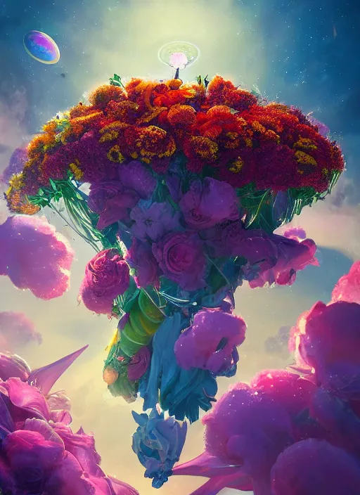 Image similar to An epic fantastic realism comic book style painting of the most beautiful flowers launched into space, bouquets, glorious galactic collision, sharp focus, fisheye, unreal 5, DAZ, hyperrealistic, octane render, dynamic lighting