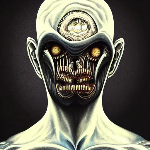 Image similar to beautiful painting of a thousand-eyes cleaver-headed muscular chef in the style of Welder Wings and H. R. Giger. Dark background, detailed, trending on Artstation