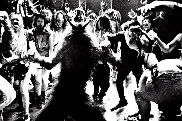 Prompt: werewolf!! photo, grainy camcorder footage of a werewolf dancing at a mosh pit, concert, club