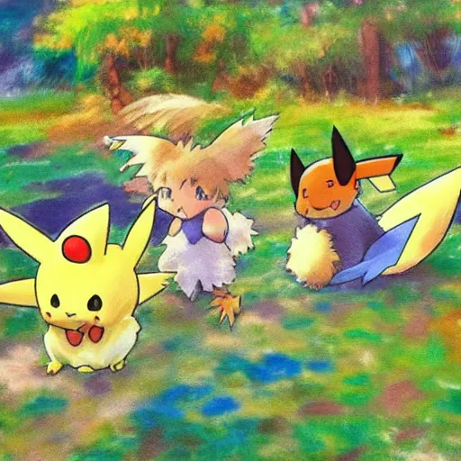 Prompt: impressionist pokemon battle