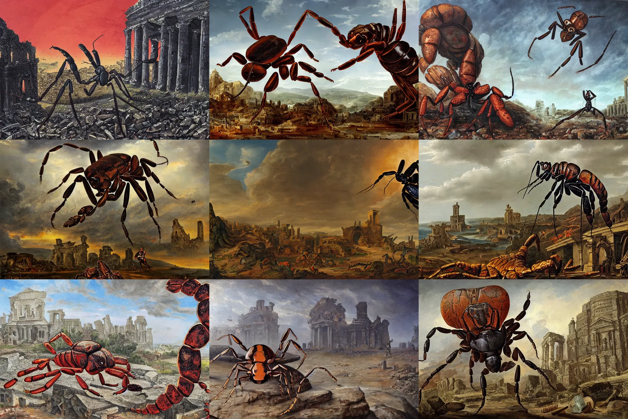 Prompt: huge ant scorpion, with the head of a man, looming over a ruined ancient city, acrylic. masterwork.