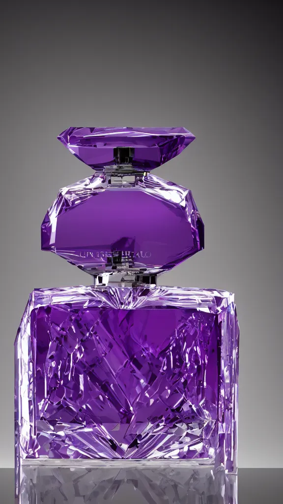 Image similar to close up shot of premium purple coloured perfume bottle, ultra detail, designer product, cinematic lighting, hd artstation, symmetrical, rendered, 4k