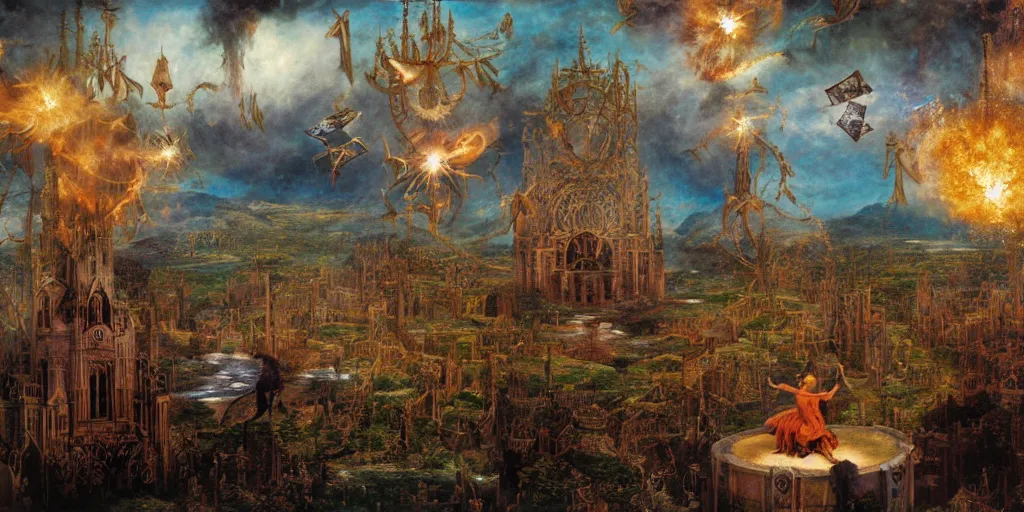 Image similar to a beautiful and highly detailed matte painting of magical tarot cards floating in the midst of magical explosions, intricate details, epic scale, insanely complex, 8 k, sharp focus, hyperrealism, very realistic, by caspar friedrich, albert bierstadt, james gurney, brian froud,