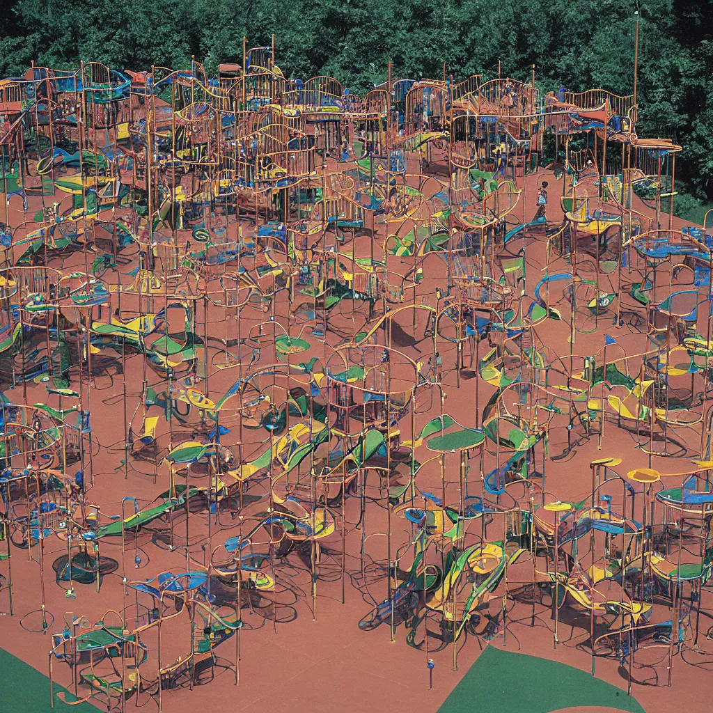 Image similar to full - color closeup 1 9 7 0 s photo of a vast incredibly - large complex very - dense tall many - level playground in a crowded schoolyard. the playground is made of dark - brown wooden planks, and black rubber tires. it has many spiral staircases, high bridges, ramps, and tall towers.