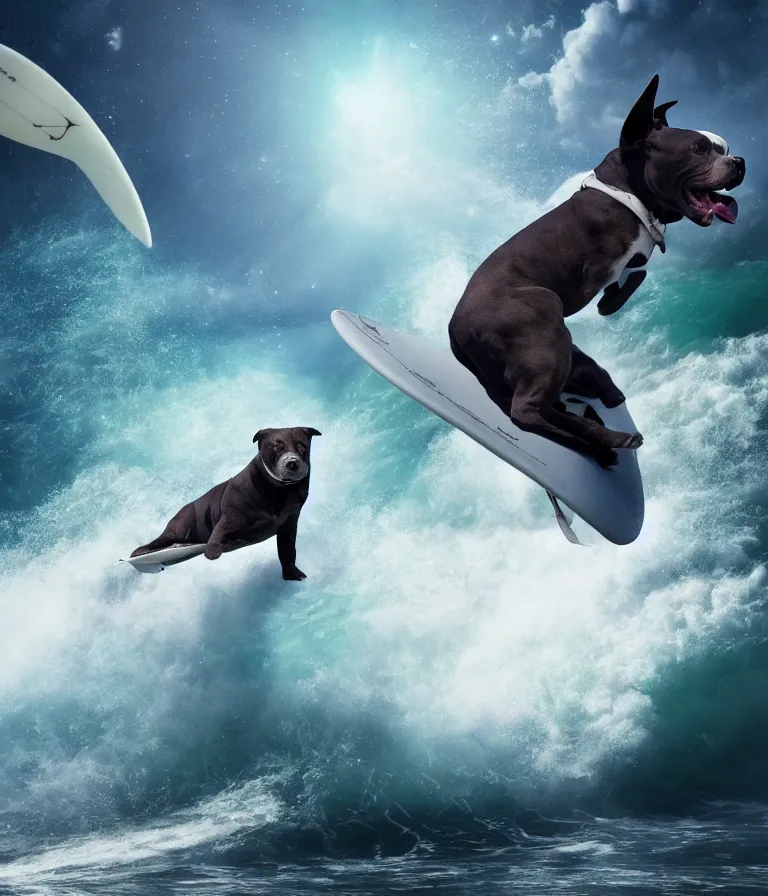 Image similar to photo of a dark gray coat pit bull with a white paws!, surfing on a surfboard in a crashing wave of alien ocean in space, background is an alien galaxy, aliens in the background, alien colors, octane render, unreal engine, wide view, 8 k, highly detailed