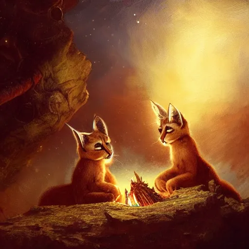 Prompt: three cute caracals wearing red bows and ties, campfire, guitar, night, atmospheric lighting, intricate, volumetric lighting, digital art, highly detailed by gaston bussiere, craig mullins, j. c. leyendecker 8 k