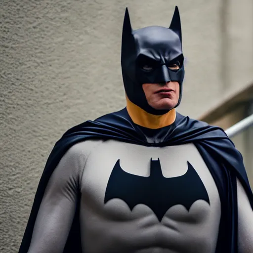 Image similar to Adam West as Batman 2022, EOS-1D, f/1.4, ISO 200, 1/160s, 8K, RAW, symmetrical balance, in-frame, Dolby Vision