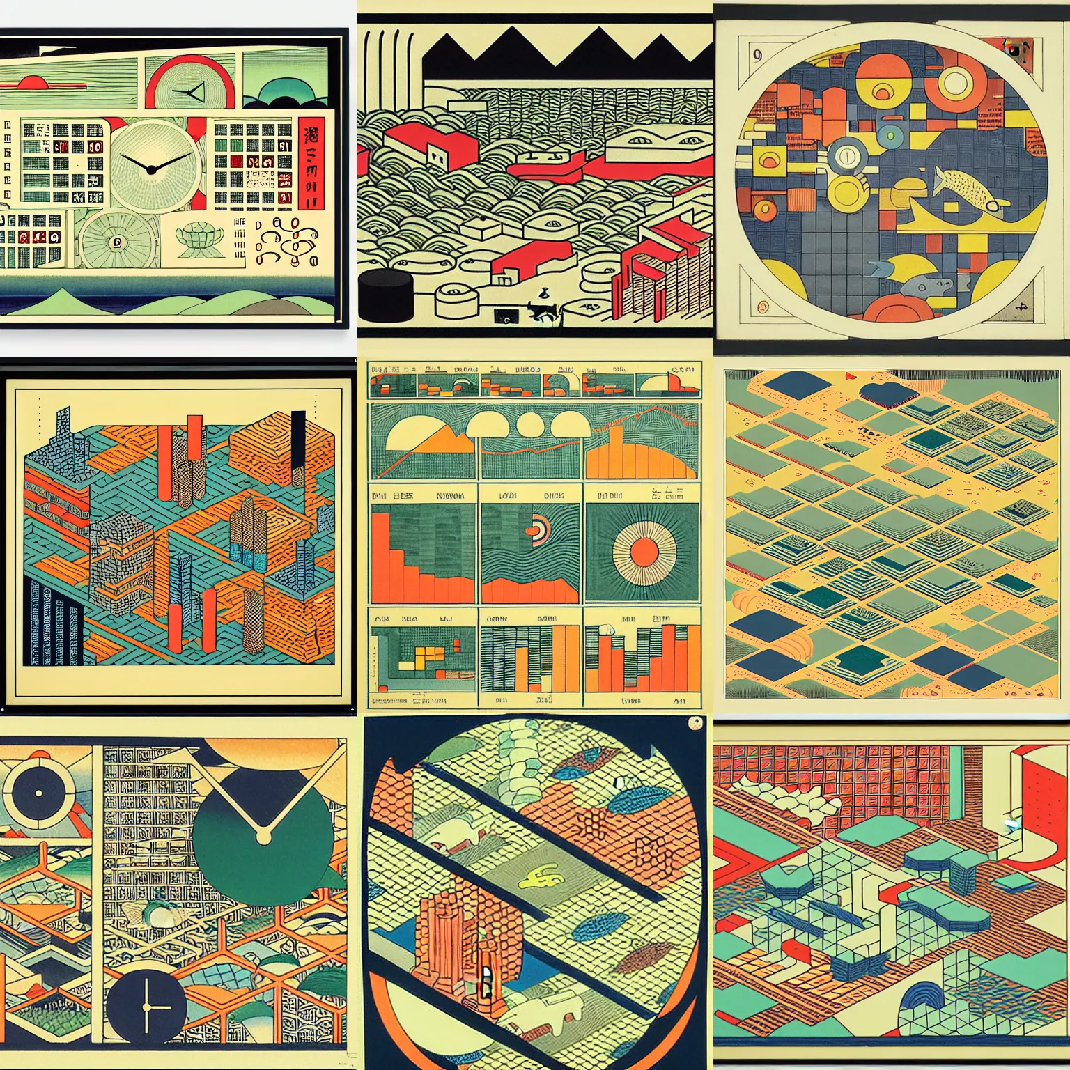 Prompt: isometric urban dashboard with time series charts, pie plots and other modern graphics, with small creatures swimming on it. monografia by diego rivera ( ukiyo - e influence )