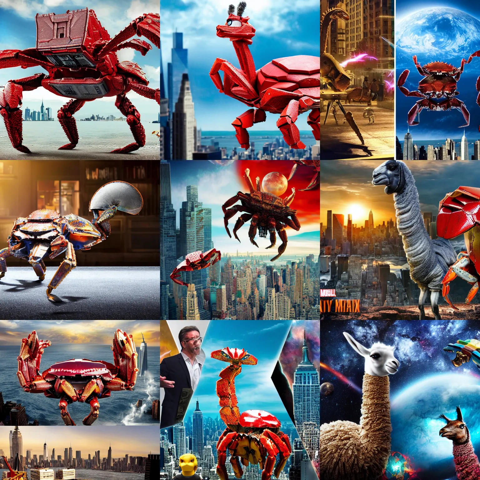 Prompt: photo hd ultrareal 9 k +'very detailed'' insane budget'marvel'maximum detail'trending top - rated masterpiece > llama defends new york from giant space crab