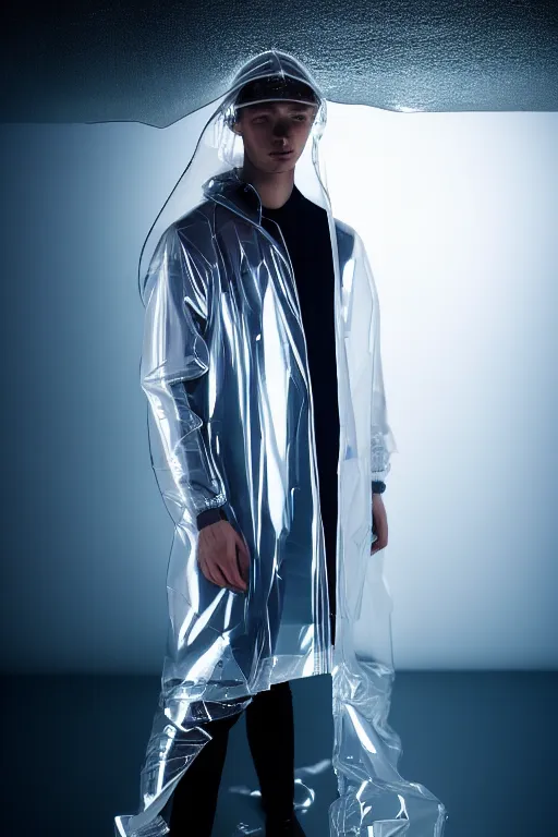 Image similar to an ultra high definition professional high fashion portrait studio full length photograph of a male model wearing a transparent pearlescent raincoat and neon visor laying down on the floor of an icelandic black rock environment at dawn. no artefacts. extremely detailed. stark. refraction. shallow depth of field. volumetric light and shadow. ray tracing. light rays.