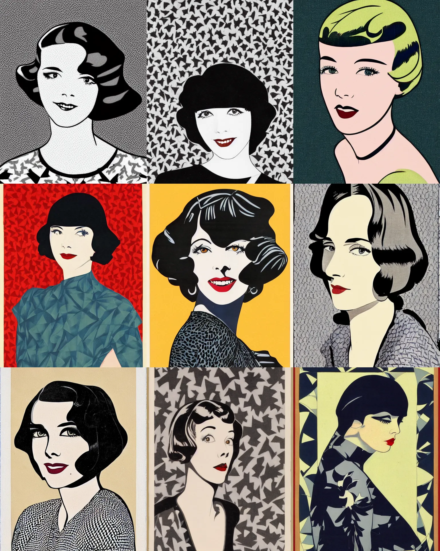 Prompt: Colleen Moore 25 years old, bob haircut, portrait by Patrick Nagel, 1920s, patterned tessellation