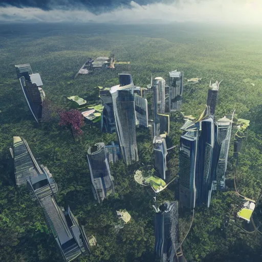 Image similar to extreme wide shot a flock of bird sitting on top of futuristic containment building in a rainforest valley with a city in the distance, national geographic, hyper realistic, 4 k, warm light, the will to endure, artstation