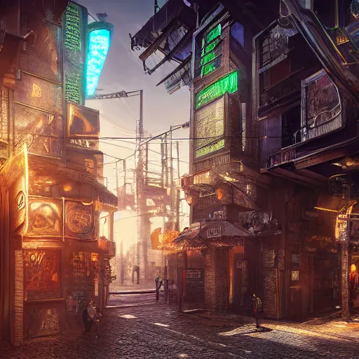 Image similar to ultra mega super hyper realistic Digital concept art of Cyberpunk tavern mixed with medieval style. Rendered in VRAY and DaVinci Resolve and MAXWELL and LUMION 3D, Volumetric natural light