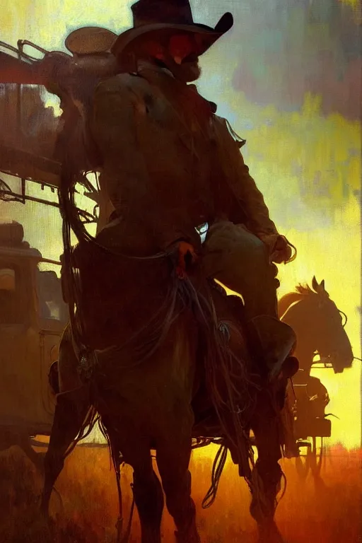 Image similar to hyperrealist portrait of a cowboy driving a stage coach by jeremy mann and alphonse mucha, fantasy art, photo realistic, dynamic lighting, artstation, poster, volumetric lighting, very detailed faces, 4 k, award winning